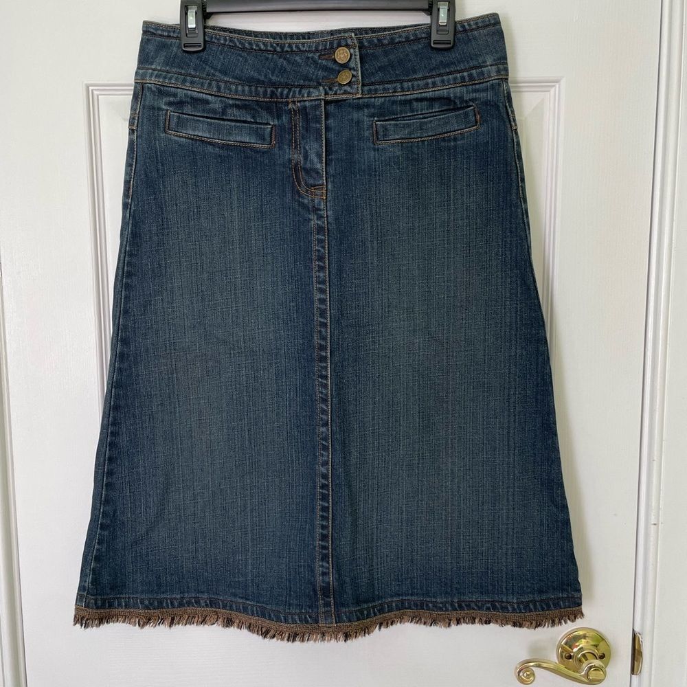 CAbi Denim Midi Skirt Size 4 Blue Brown Short Fringe Hem